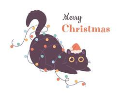 fofa Preto gato dentro santa chapéu jogando com Natal festão. alegre Natal e feliz Novo ano. vetor
