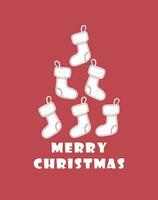 feliz Novo ano saudações em uma vermelho fundo com papai noel meias pendurado. alegre Natal e Natal árvore vetor