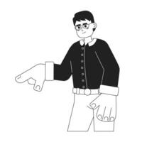Óculos ásia adulto homem revelar indicador Preto e branco 2d desenho animado personagem. óculos japonês cara isolado vetor esboço pessoa. masculino mostrando direção monocromático plano local ilustração