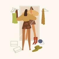 mulher escolhendo roupas dentro a guarda-roupa. vetor ilustração dentro plano estilo.