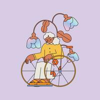 idosos mulher com uma roda do uma bicicleta. vetor ilustração