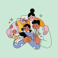 vetor ilustração do a idosos mulher com dela família e uma cachorro.