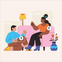 vetor ilustração do uma casal sentado em a sofá às casa e conversando.