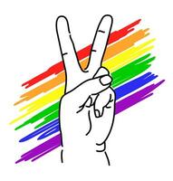 orgulho mês. uma poster com uma arco Iris bandeira do a lgbt comunidade e a mãos do pessoas com luz e Sombrio pele e a victoria gesto. vetor