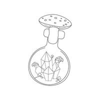 desenho animado mundo dentro uma garrafa, poção e cogumelo, Magia poção silhueta, linha arte vetor