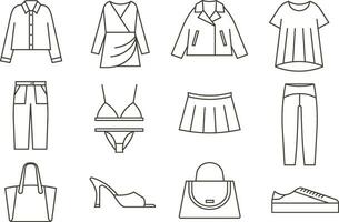 linha vetor ícones conjunto roupas, moda, acessórios