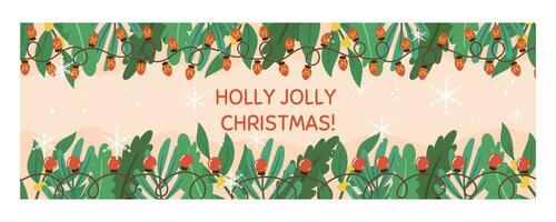 Natal horizontal bandeira modelo com cópia de espaço. horizontal folheto decorado com abeto plantas galhos, festão com luzes, neve e flocos de neve vetor