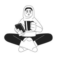 muçulmano mulher arrepiante com Smartphone Preto e branco desenho animado plano ilustração. hijab menina relaxante telefone, bebendo café linear 2d personagem isolado. doméstico acolhedor monocromático cena vetor imagem