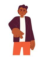 africano americano jovem adulto homem apontando dedo 2d desenho animado personagem. casual o negócio Preto cara isolado vetor pessoa branco fundo. masculino com esticado braço cor plano local ilustração