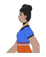 velho formado retro Preto mulher 2d linear desenho animado personagem. lado Visão africano americano fêmea isolado linha vetor pessoa branco fundo. nostalgia estilo roupas cor plano local ilustração