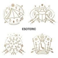 esotérico símbolos. vetor. fino linha geométrico. esboço ícone para alquimia, sagrado geometria. místico, Magia Projeto com escaravelho besouro, bactérias, coronavírus, bastão asa, química frasco com Corvo pé vetor