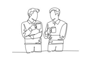 solteiro 1 linha desenhando dois jovem bem sucedido masculino trabalhadores ter uma casual bate-papo sobre beber café durante escritório pausa. descansar pausa às trabalhos conceito. contínuo linha desenhar Projeto gráfico vetor ilustração