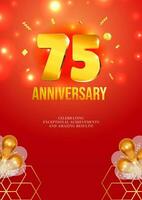 aniversário celebração folheto vermelho fundo dourado números 75 vetor