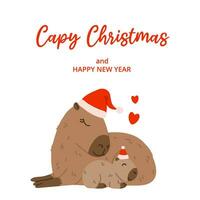 inverno quadrado festivo cartão em branco fundo. capivara, bebê capivara, vermelho chapéu e texto capy Natal. mão desenhado plano vetor estilo. feriado sazonal decoração.