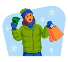 mulher dentro uma inverno Jaqueta com inverno chapéu e cachecol segurando compras bolsas e dinheiro vetor