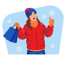 mulher dentro uma inverno Jaqueta com inverno chapéu e cachecol segurando compras bolsas vetor