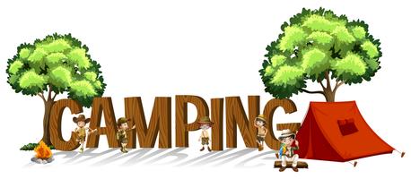 Design de fonte para a palavra camping com crianças e tenda vetor