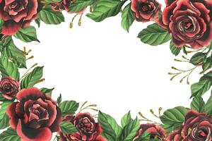 vermelho preto rosa flores com verde folhas e botões, chique, brilhante, lindo. mão desenhado aguarela ilustração. modelo em uma branco fundo, para decoração e Projeto. vetor eps