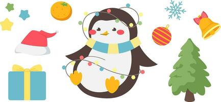 Novo ano, Natal conjunto para crianças. kawaii pinguim com festão, Sino, presente, santa chapéu, flocos de neve. vetor ilustração dentro plano estilo