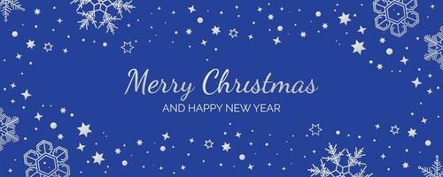 Natal e Novo ano cumprimento cartão com prata flocos de neve isolado em azul vetor