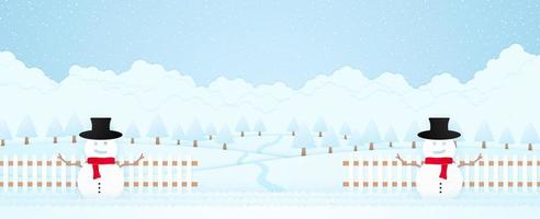 Feliz Natal, bem-vindo, boneco de neve na grama e uma cerca atrás, paisagem de inverno, árvores na colina e neve caindo, cartão de convite, estilo de arte em papel vetor