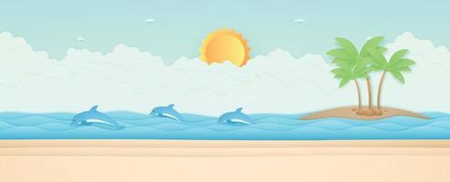 horário de verão, vista do mar, paisagem, golfinhos nadando no mar, praia e coqueiros na ilha, sol no céu, estilo de arte em papel vetor
