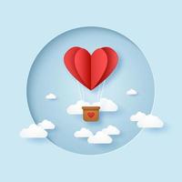 dia dos namorados, ilustração de amor, balão de ar quente com coração dobrado vermelho voando no céu em moldura circular, estilo de arte em papel vetor