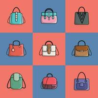 coleção do 9 lindo mulheres bolsas ou bolsas vetor ilustração. beleza moda objetos ícone conceito. conjunto do na moda plano moda bolsas vetor Projeto.