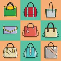 coleção do 9 lindo mulheres bolsas ou bolsas vetor ilustração. beleza moda objetos ícone conceito. conjunto do na moda plano moda bolsas vetor Projeto.