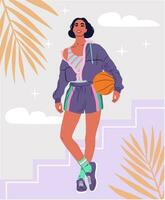 jovem fêmea dentro na moda roupa de esporte e com uma bola para basquetebol. funky menina cheio altura ilustração em a abstrato fundo. vetor