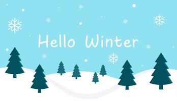 Olá inverno, uma azul fundo com flocos de neve e árvores, inverno vetor fundo, papel de parede ilustrações com inverno neve tema