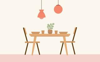 jantar mesa dentro a cozinha com cadeiras, pratos e óculos. plano vetor ilustração dentro desenho animado estilo