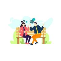 homem e mulher casal falando sobre amor em parque bancos pessoas personagem plano Projeto vetor ilustração