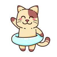 fofa adorável feliz Castanho gato nadar com azul natação bóia desenho animado rabisco vetor ilustração plano Projeto estilo