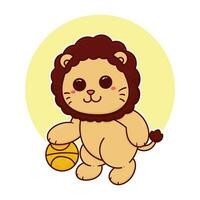 feliz fofa leão jogar basquetebol esporte adorável desenho animado rabisco vetor