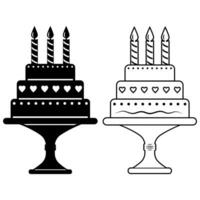 uma bolo com velas em uma ficar em pé, uma festivo sobremesa. Preto esboço silhueta. vetor ilustração, ícone.