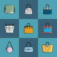 coleção do 9 mulheres moda embreagem couro bolsas ou bolsas vetor ilustração. beleza moda objetos ícone conceito. conjunto do moderno tarde bolsas vetor Projeto.