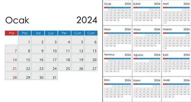 calendário 2024 em turco linguagem, semana começar em domingo vetor