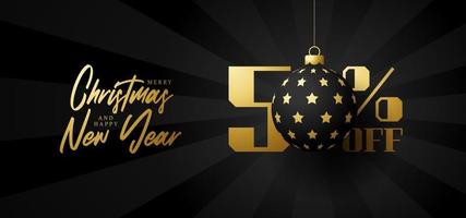 banner de grande venda de feliz Natal. venda de natal de luxo com 50% de desconto no modelo de banner real preto com bola dourada decorada pendurada em um fio. feliz ano novo e ilustração vetorial de natal vetor