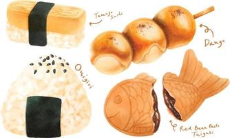 conjunto de ilustrações de elementos pintados à mão em aquarela de comida japonesa vetor