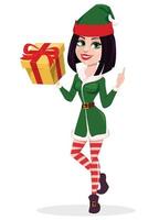 Feliz Natal. mulher elfo segurando uma caixa de presente amarela. vetor