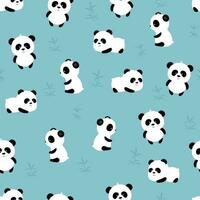 desatado padronizar do fofa desenho animado panda em azul fundo e galho bambu vetor