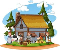 casa medieval com aldeões e animais de fazenda vetor