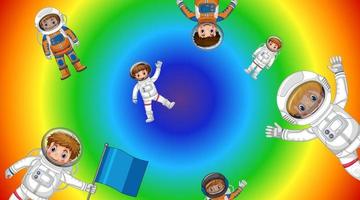 crianças astronautas voando em fundo gradiente de arco-íris vetor