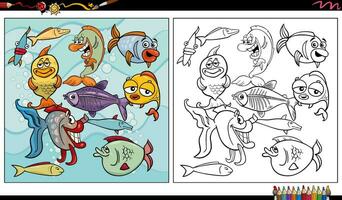 desenho animado peixe marinho animal personagens grupo coloração página vetor