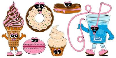 fofa doces personagens dentro retro desenho animado estilo. colorida conjunto do mascotes do rosquinha, café, gelo creme, bolo, Bolinho e de outros doces. vetor ilustração em isolado branco fundo.