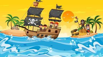 cena da ilha do tesouro na hora do pôr do sol com crianças piratas no navio vetor