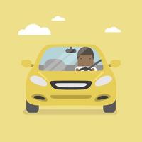empresário africano dirigindo um carro amarelo na estrada. vetor
