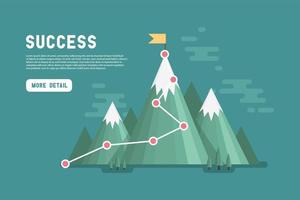 Infográfico de conceito de sucesso de objetivo de negócio. bandeira no topo da montanha. vetor