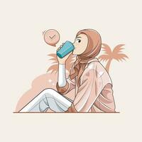 saudável bebida. uma jovem mulher dentro hijab apreciar verão bebidas em a de praia. vetor ilustração